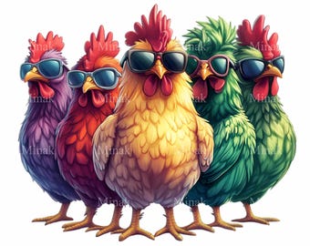 12 PNG Sunglasses Chicken Clipart, Rainbow Rooster Funny Farm Bird