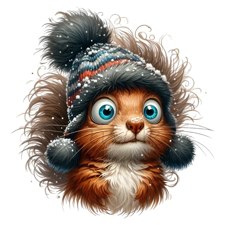 May include: A cute cartoon squirrel wearing a blue and red striped winter hat with a fluffy pom-pom. The squirrel has big blue eyes and a brown and white furry body.