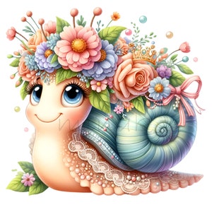 10 slak png met bloemenkroon png-clipart, grillige slakkunst, schattige tuindierillustratie
