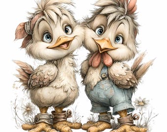 16 Deux poulets duveteux (PNG), paire amusante de salopettes, amis oiseaux de la ferme Daisy