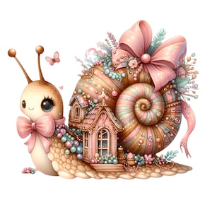 12 imágenes PNG de caracoles caprichosos: un lindo caracol con lazo y concha de cabaña. PNG pastel para sublimación, proyectos infantiles y manualidades.