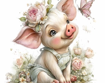 16 PNG Baby Schwein Clipart, Blumen Ferkel Illustration, Bauernhof Kinderzimmer Tier, Pastell Sublimationsgrafik
