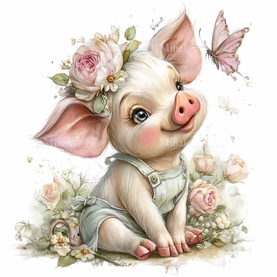 16 PNG Baby Pig Clipart, Floral Piglet Illustration, Farm Nursery Animal, Pastel Sublimation Graphic