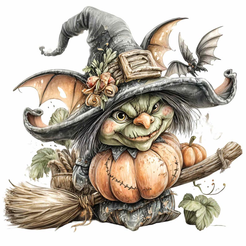 15 PNG Vintage Witch Clipart, Halloween Pumpkin Broom Bat - Etsy