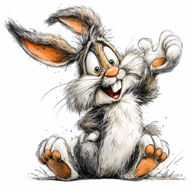 15 imágenes prediseñadas de conejitos desaliñados y caprichosos, divertida ilustración artística PNG de conejo loco