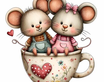 14 PNG Teacup Mice Vintage Heart Couple Overalls Clipart