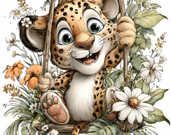 14 PNG Baby Leopard Schaukel Clipart, Dschungel-Tier-Safari-Kinderzimmer