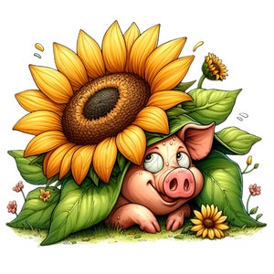 14 lindos cerdos clipart PNG, lechón debajo de un girasol gigante, arte de animales de granja en acuarela