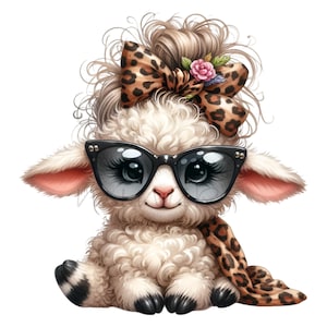 10 trendige Lamm mit Brille PNG Clipart | Niedliches Schaf mit Leoparden Schleife | Entzückende Bauernhof Tier Digital Art
