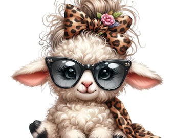 10 Trendy Lamb with Glasses PNG Clipart | Cute Sheep with Leopard Bow | Adorable Farm Animal Digital Art
