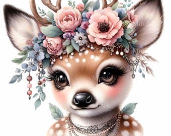 15 imágenes PNG de cervatillo floral con corona de flores, imágenes prediseñadas de bosque en acuarela de peonía pastel