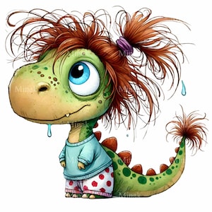 15 divertenti clipart PNG di dinosauri, simpatico dinosauro verde con i capelli spettinati in pigiama, illustrazione di personaggi dei cartoni animati per lavoretti e sublimazione per bambini