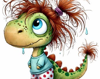 15 PNG Funny Messy Bun Dinosaur Clipart, Pajama Dino Toddler Girl