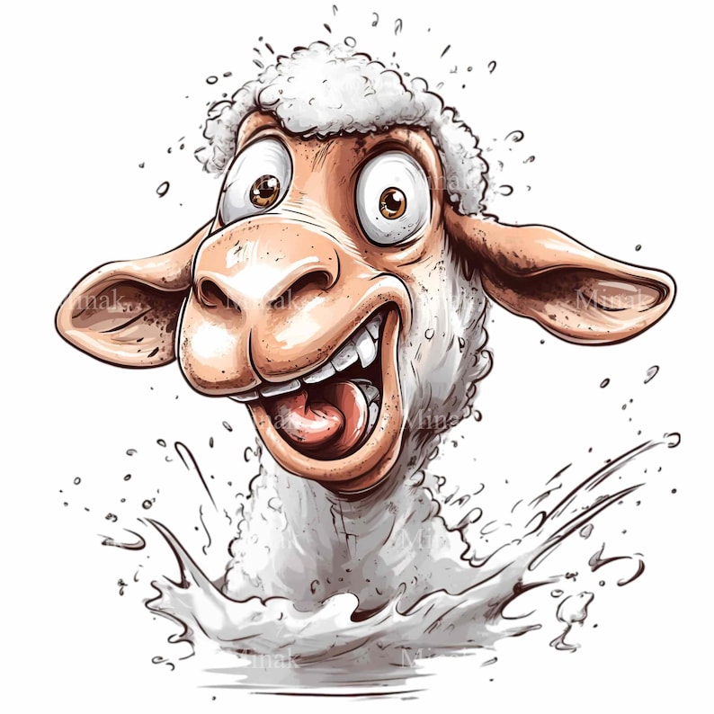 May include: A cartoon sheep with a white fluffy coat and a wide open mouth, showing its teeth and tongue, is splashing in water. The sheep has big, round eyes and a surprised expression.
