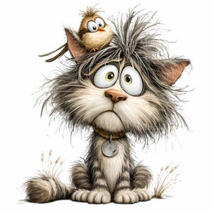 May include: A cartoon illustration of a sad-looking cat with gray and white fur, big green eyes, and a small bird perched on its head. The cat wears a brown collar with a tag. The image has a whimsical, cartoonish style.
