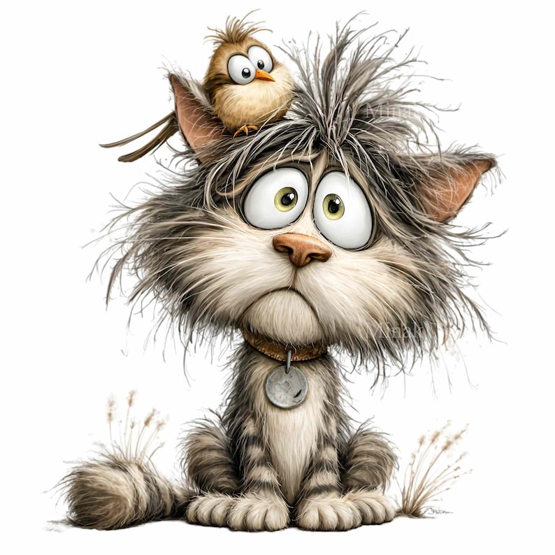 May include: A cartoon illustration of a sad-looking cat with gray and white fur, big green eyes, and a small bird perched on its head. The cat wears a brown collar with a tag. The image has a whimsical, cartoonish style.