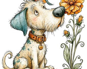 14 PNG Dog Orange Flower Clipart, Puppy Sublimation Design
