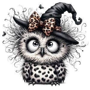 12 PNG Coruja de Halloween PNG Clipart – Coruja fofa de olhos grandes com chapéu de bruxa, óculos e laço de leopardo, arte animal assustadora de outono, design de sublimação
