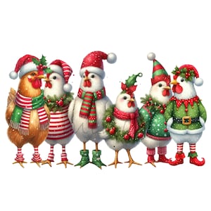 10 Galinhas de Natal PNG Clipart, Galinhas Engraçadas de Natal em Trajes e Chapéus Festivos, Ilustração de Animais de Fazenda de Inverno para Cartões e Artesanato