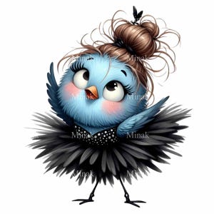 12 imágenes PNG de aves bailarinas, un lindo pájaro con tutú negro, arte de aves danzantes, elegante animal de dibujos animados, descarga digital para niñas