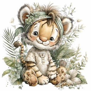 Puede incluir: Ilustraci&oacute;n en acuarela de un lindo cachorro de tigre con una diadema verde y una camisa color crema. El tigre est&aacute; rodeado de exuberante follaje verde y flores, creando una escena caprichosa y suave. El cachorro tiene una expresi&oacute;n dulce y est&aacute; sentado.