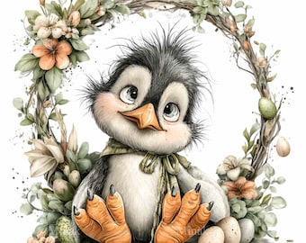 12 Coronas florales de pingüinos bebés PNG, imágenes prediseñadas de sublimación de hojas de primavera y bosque