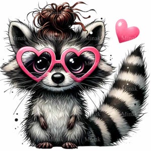 12 cliparts PNG adorable raton laveur - raton laveur avec des lunettes de coeur et un noeud - art numérique mignon de la Saint-Valentin