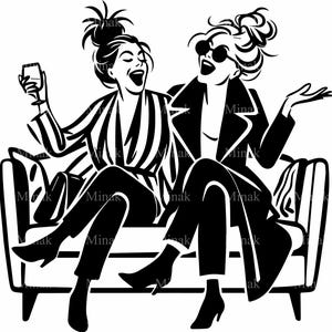 6 SVG lustige Mädchen SVG-Schnittdatei, zwei Frauen lachen auf der Couch mit Wein, lustige Freundschaft Silhouette für Cricut-Projekte