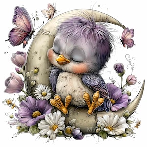 May include: A whimsical illustration of a sleeping bird perched on a crescent moon, surrounded by purple and white flowers and butterflies. The bird has gray and purple feathers, a yellow beak, and closed eyes, creating a peaceful scene.