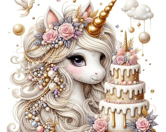 May include: A white unicorn with a gold horn and a pink and white flower crown is looking at a three-tiered cake decorated with gold, pink, and white frosting. The cake is surrounded by pink and white flowers.