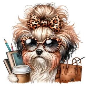 12 trendiger Zottelhund PNG mit Leopard Zubehör PNG Clipart, digitaler Download, niedliche Herbst-Illustration