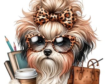 12 PNG Leopard Dog Fashion Illustration, Chic Puppy Coffee Lover Clipart