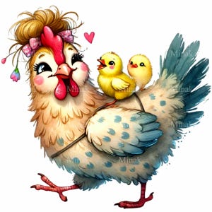 12 poule avec des poussins PNG Clipart - jolie mère poulet aux cheveux bouclés et bandeau rose - Art des animaux de la ferme