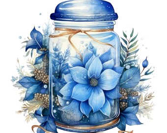 10 Barattoli Mason blu con fiori in formato PNG, clipart di fiori invernali, grafica botanica per le festività