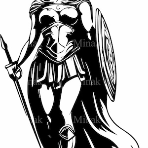 May include: Black and white illustration of a warrior figure, clad in armor and a helmet with a crest. The figure holds a sword and shield, with a flowing cape. The image has a strong, graphic style, suitable for prints or designs.