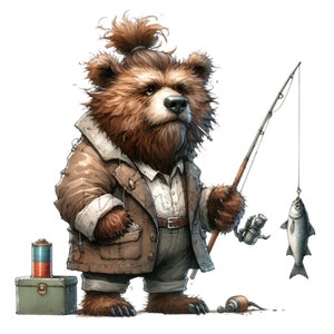 10 imágenes prediseñadas de oso pescador / Lindo oso pescador con caña y captura / Divertido pescador con chaqueta / Arte de vida silvestre al aire libre