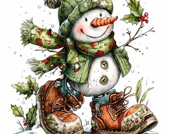 12 PNG Green hat snowman – Christmas snowman PNG clipart for winter crafts, holiday cards, sublimation designs, festive decor projects