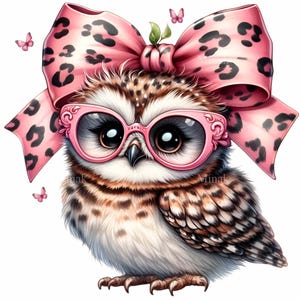 12 schattige uil png met roze bril en luipaardstrik PNG-clipart, stijlvolle babyuil met grote ogen, leuke dierensublimatie voor meisjes en decor