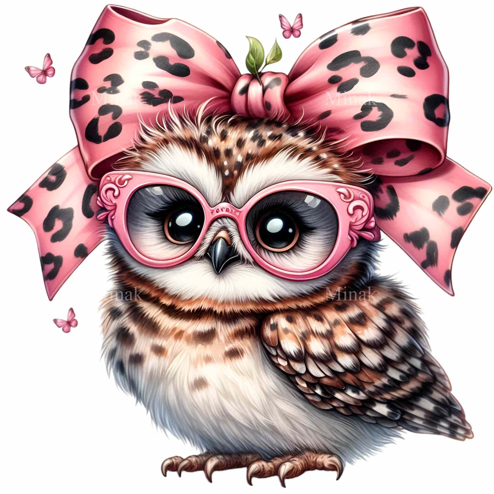 12 PNG Cute Owl with Pink Glasses and Leopard Bow PNG Clipart, Stylish Baby Owl with Big Eyes, Fun A