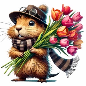 9 Castor mignon avec des tulipes PNG Clipart, art numérique animaux de la forêt, adorable illustration de printemps