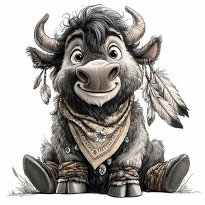 K&ouml;nnte beinhalten: Cartoon-Illustration eines l&auml;chelnden Yaks mit grauem Fell, das ein beiges Halstuch und dekorative Federn tr&auml;gt. Das Yak sitzt mit verschr&auml;nkten Beinen da und hat dekorativen Schmuck an Ohren und Kn&ouml;cheln.