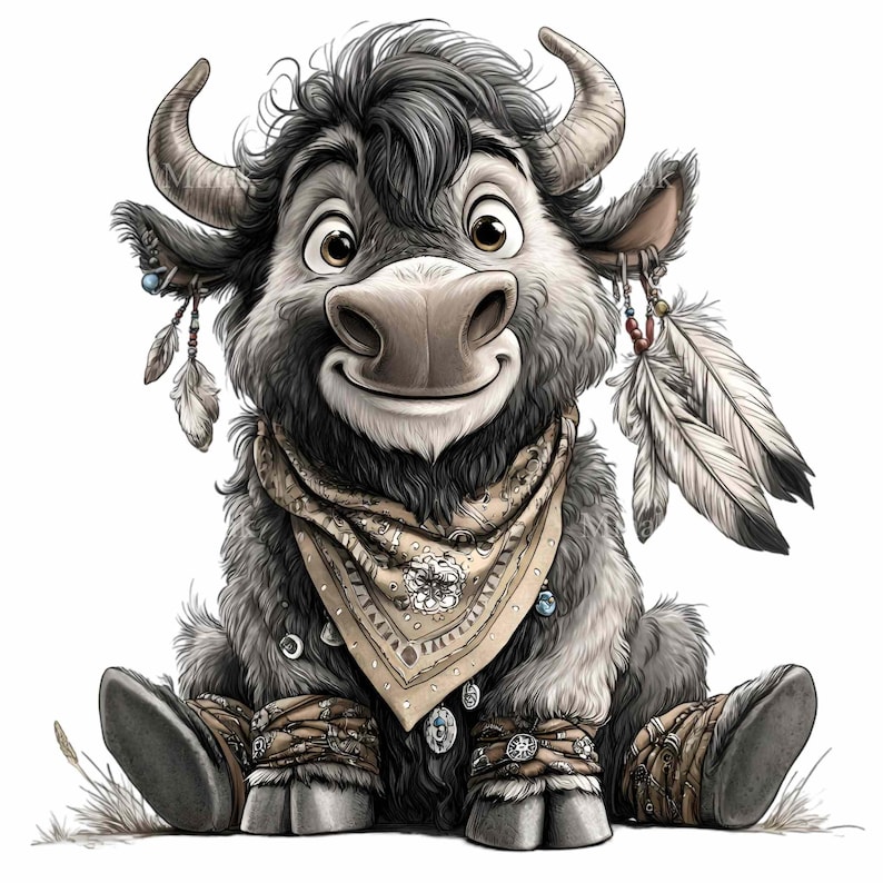 K&ouml;nnte beinhalten: Cartoon-Illustration eines l&auml;chelnden Yaks mit grauem Fell, das ein beiges Halstuch und dekorative Federn tr&auml;gt. Das Yak sitzt mit verschr&auml;nkten Beinen da und hat dekorativen Schmuck an Ohren und Kn&ouml;cheln.