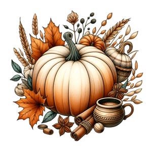 Puede incluir: Una ilustraci&oacute;n de tem&aacute;tica oto&ntilde;al con una gran calabaza naranja, palitos de canela, una peque&ntilde;a taza marr&oacute;n y hojas de oto&ntilde;o. La ilustraci&oacute;n est&aacute; sobre un fondo blanco.