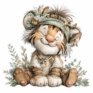 Puede incluir: Ilustraci&oacute;n caprichosa de un cachorro de tigre sonriente, con un sombrero verde salvia adornado con flores y plumas. El cachorro viste un atuendo color crema con detalles decorativos y est&aacute; sentado entre ramitas de hojas. El tigre tiene los ojos cerrados y una expresi&oacute;n feliz.