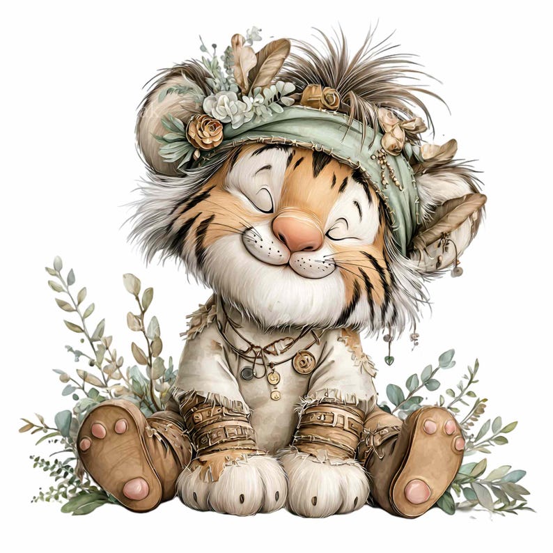 Puede incluir: Ilustraci&oacute;n caprichosa de un cachorro de tigre sonriente, con un sombrero verde salvia adornado con flores y plumas. El cachorro viste un atuendo color crema con detalles decorativos y est&aacute; sentado entre ramitas de hojas. El tigre tiene los ojos cerrados y una expresi&oacute;n feliz.