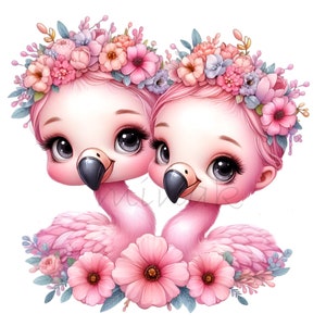 14 imágenes PNG de flamencos rosados con coronas de flores y ojos grandes. Aves tropicales florales para manualidades y decoración de pared de guardería.