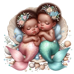 10 PNG Sirenas Gemelas Durmiendo Clipart - Adorables Sirenas Bebés en Concha PNG - Ilustración de Fantasía Submarina