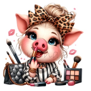 Comics Pig Makeup Lipstick Clipart, 15 PNG Piglet Leopard Print Bow Imágenes divertidas humorísticas imprimibles, Descargas digitales de sublimación
