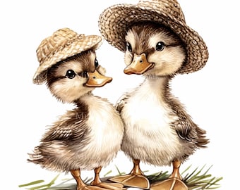 12 PNG Ducklings in Straw Hats, Vintage Farmhouse Duck Clipart