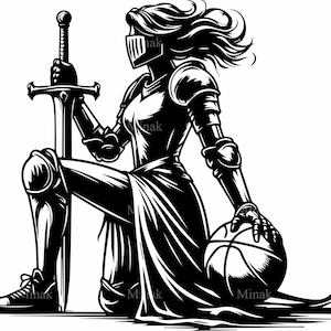 Archivo de corte SVG de mujer guerrera de baloncesto (6 SVG) / Silueta de caballero con espada / Vector deportivo fuerte para Cricut y láser
